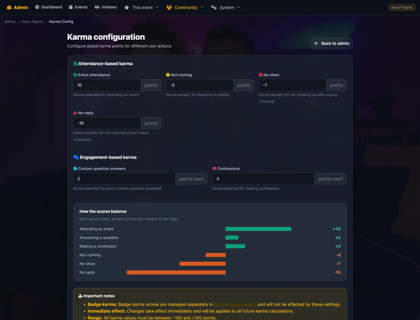 Karma configuration screen with per-action point weights