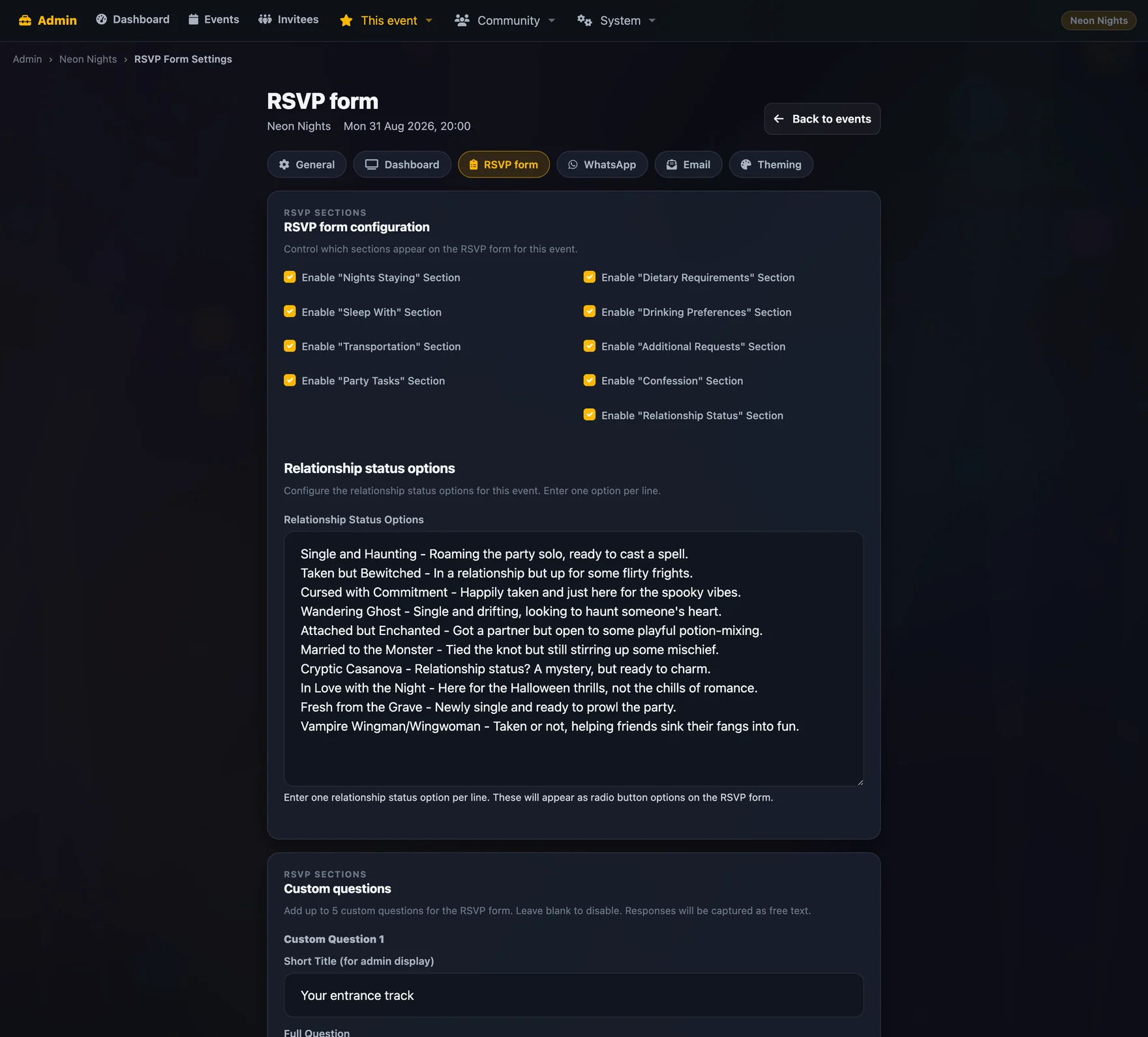 RSVP form settings with section toggles and custom questions