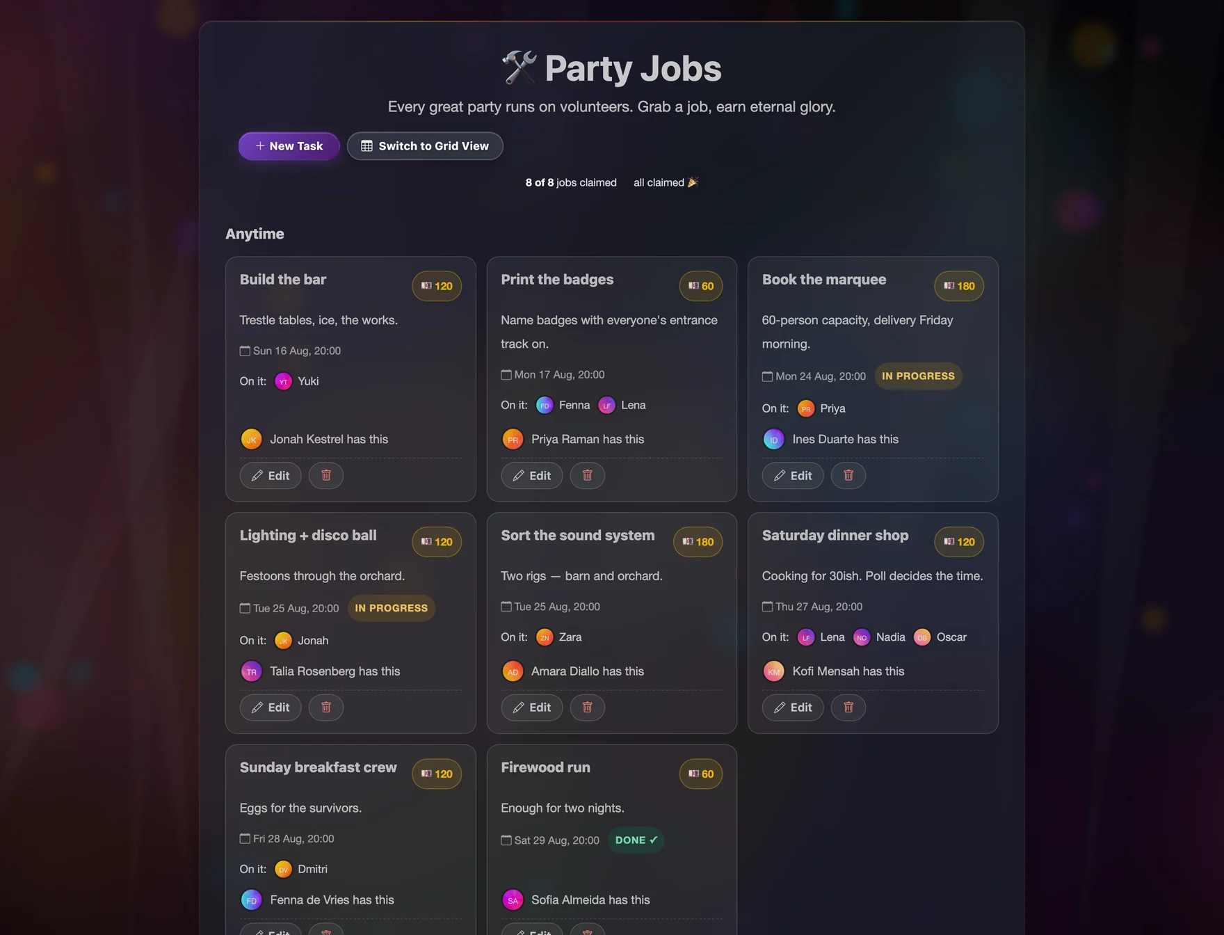 Jobs board admin with leaders, crews and statuses