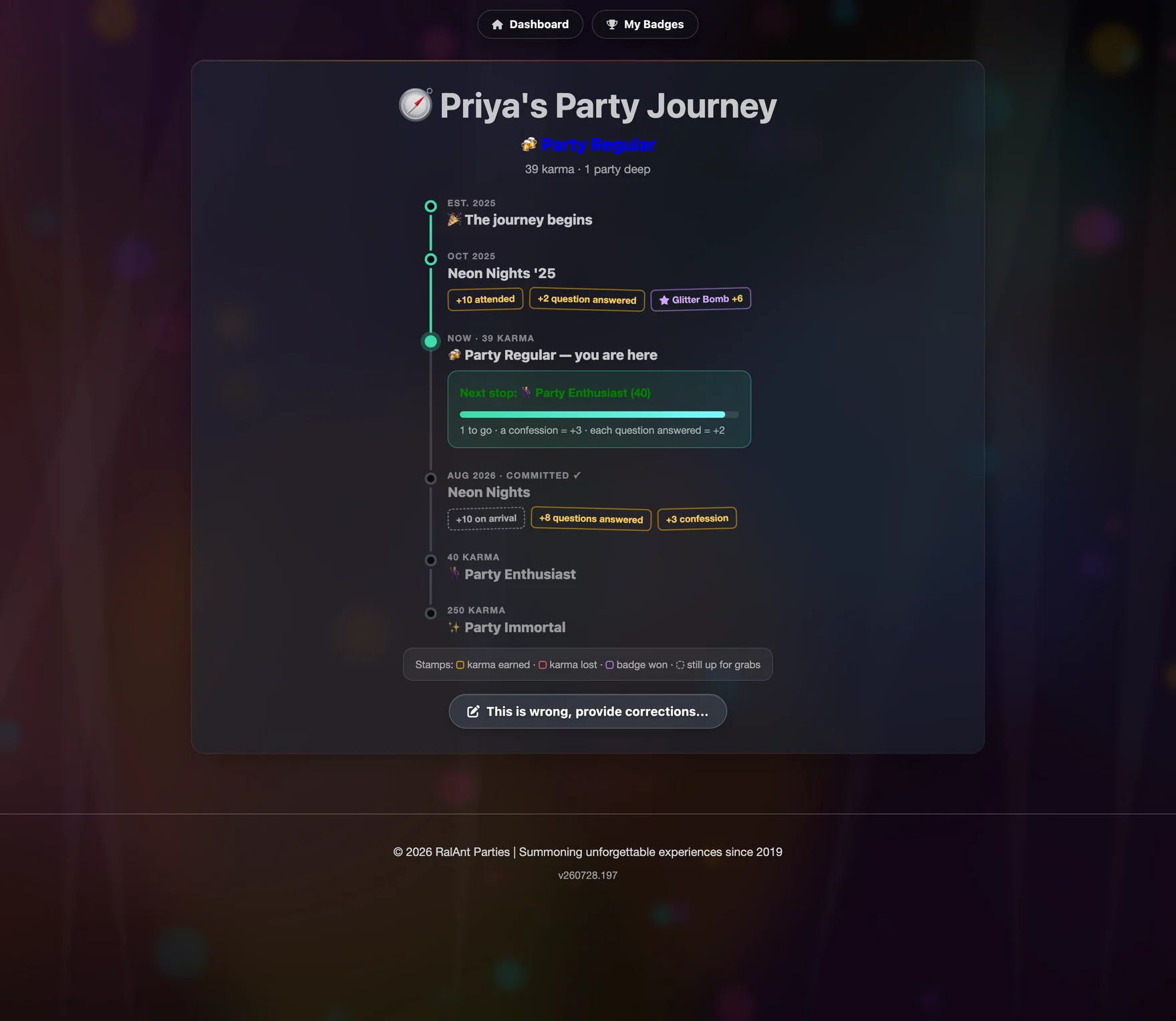 A guest's Party Journey showing each party as a stop