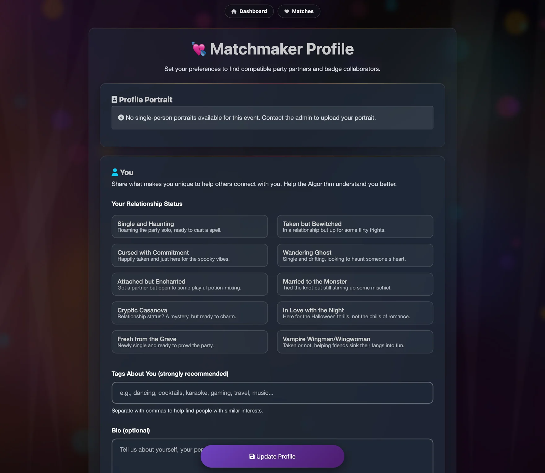 A guest's matchmaker profile with collaboration style and interests