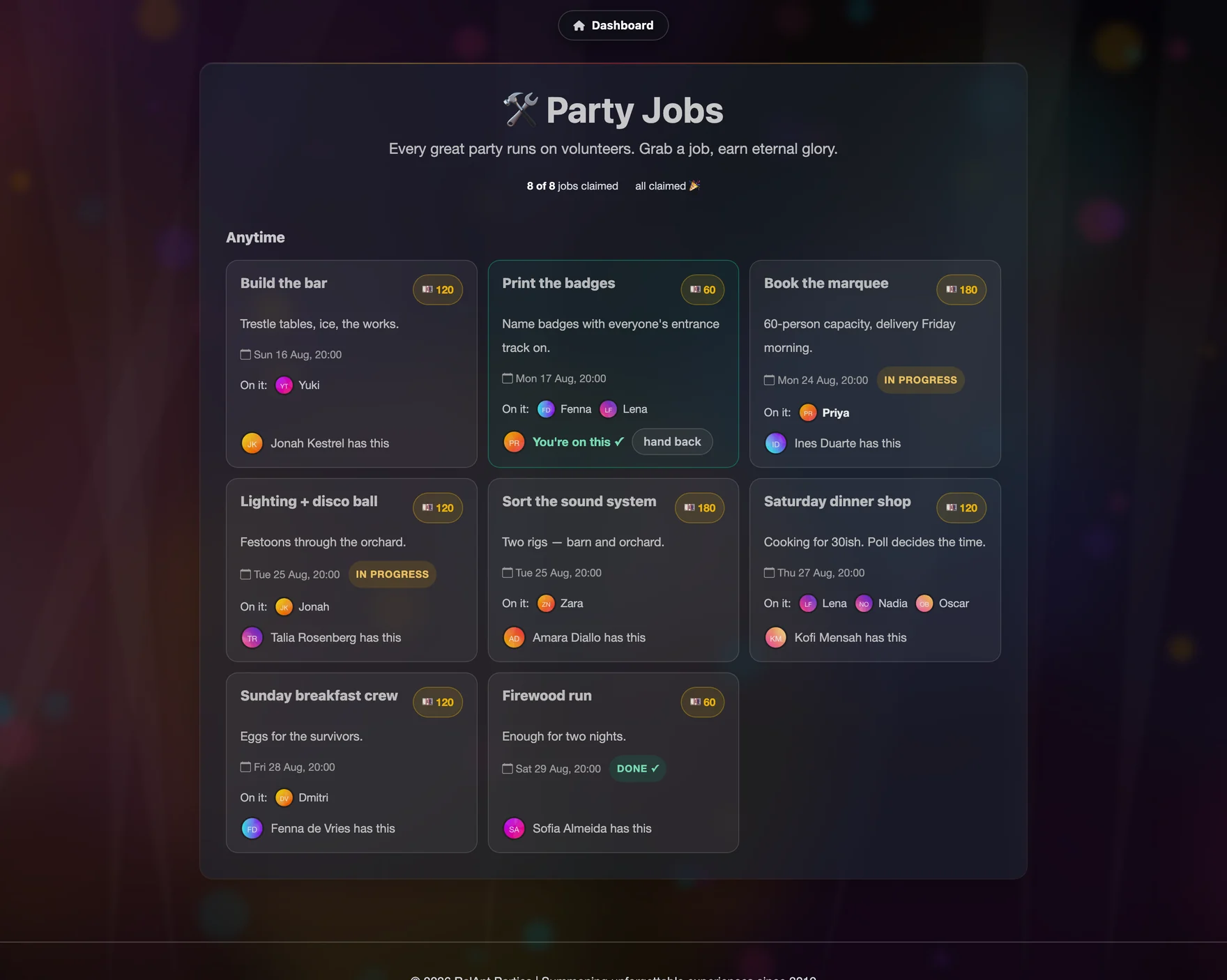 The party jobs board with claimable tasks