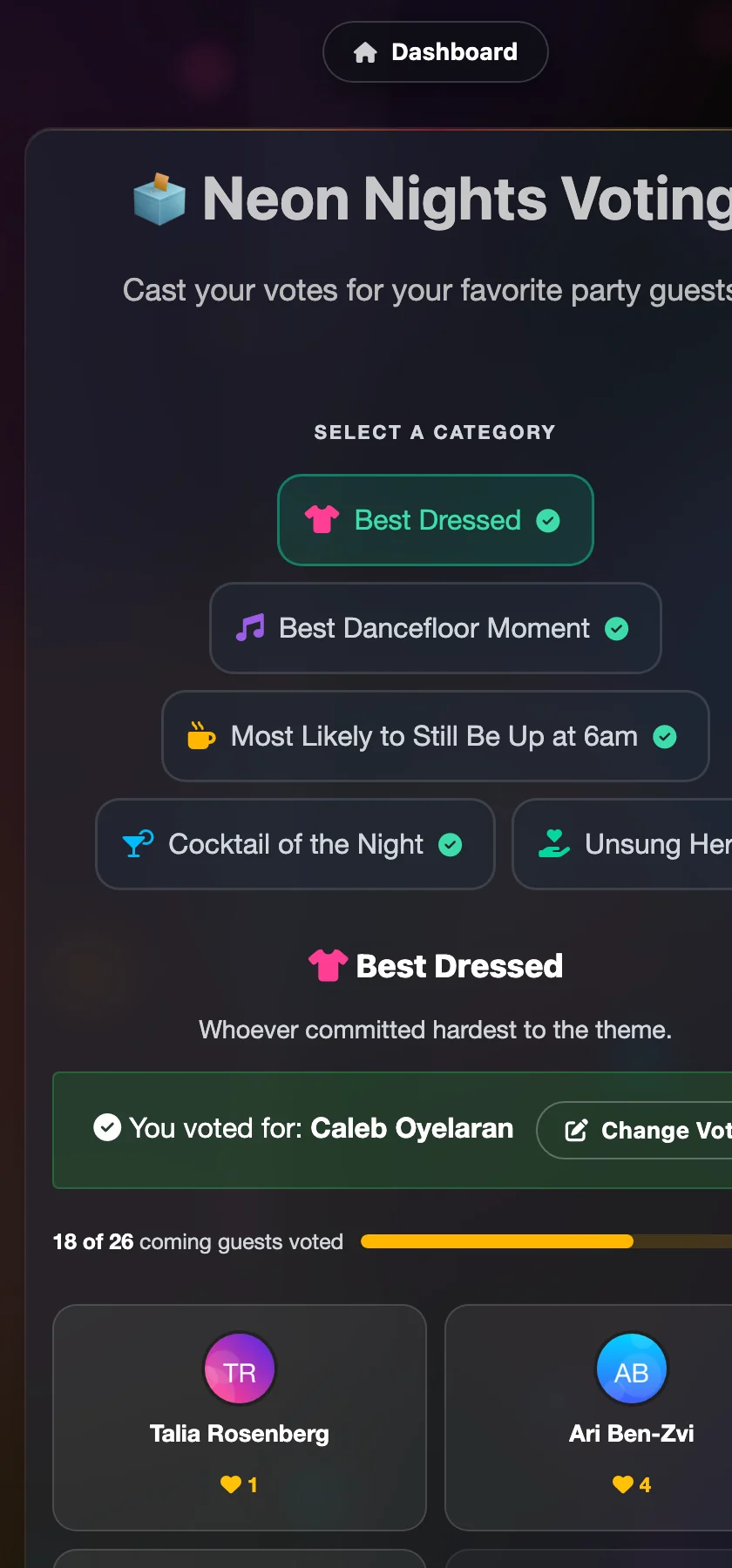 Voting on a phone, category picker and nominee cards